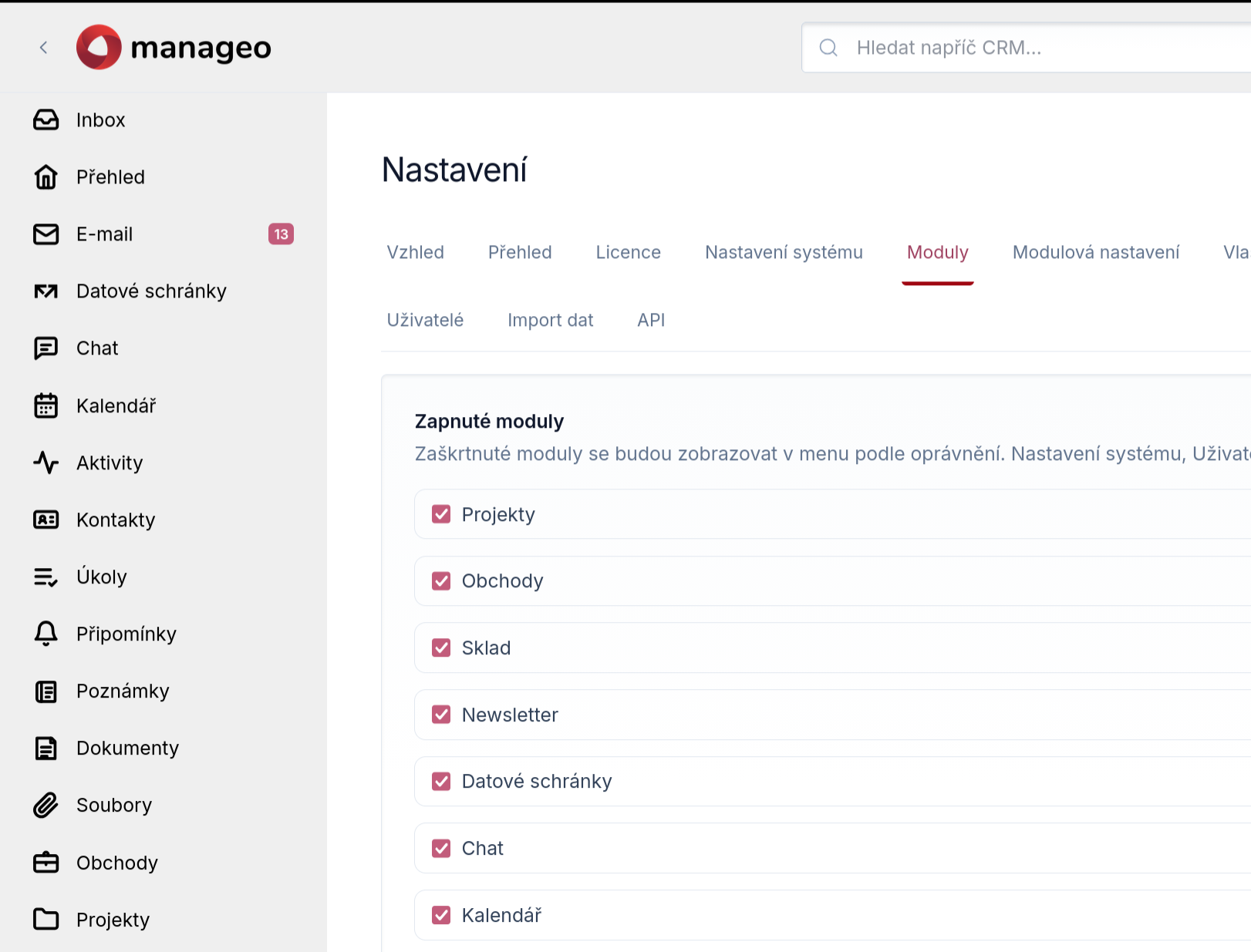 Ukázka nastavení modulů v Manageo